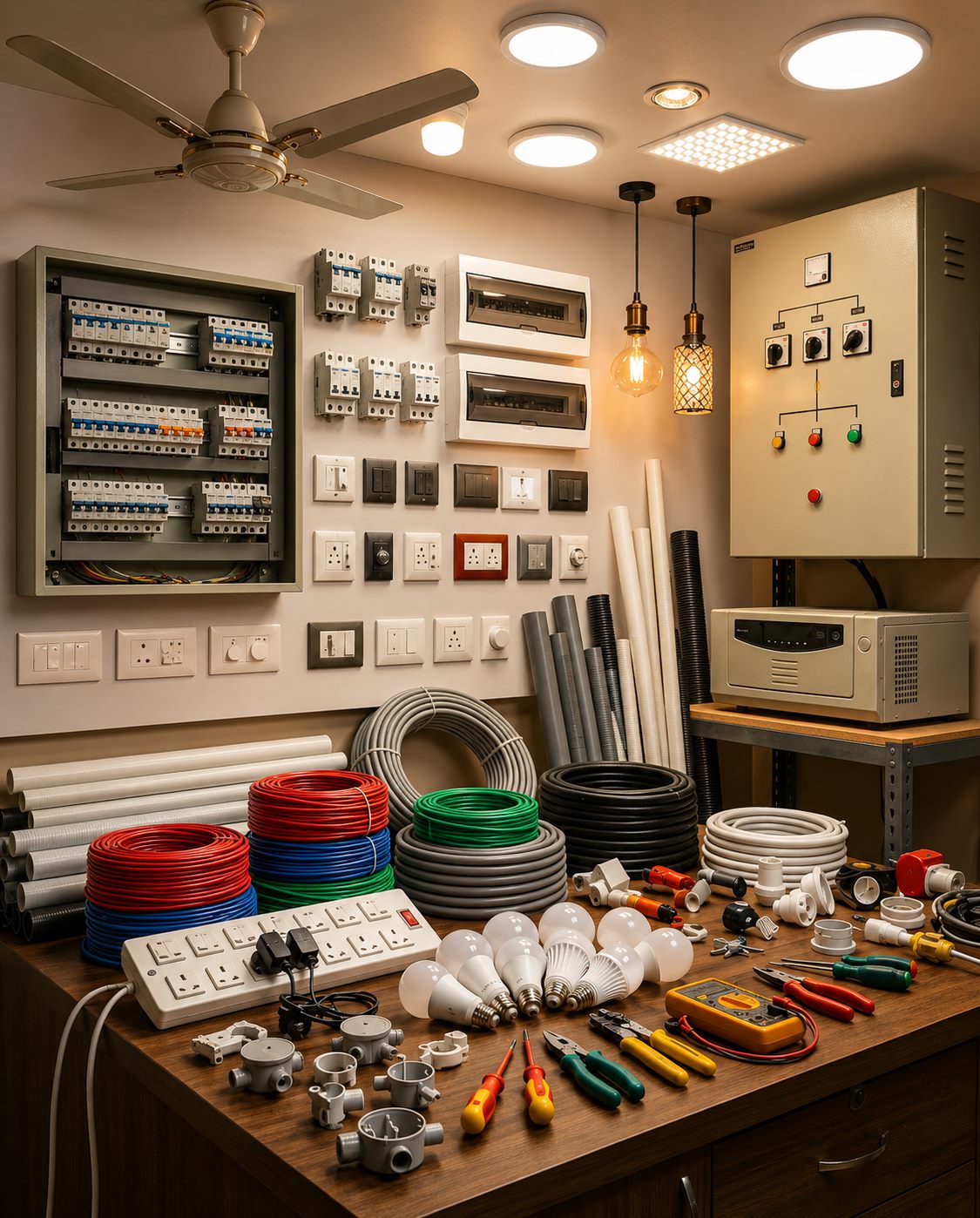 Electrical workshop in Karnpura — MCBs, switches, lights, wires and inverters